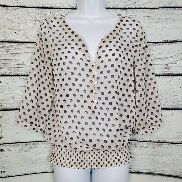 Vero Moda Women’s Semi Sheer Polka Dot Blouse Size M Beige Navy Boho Peasant Top - Picture 1 of 6